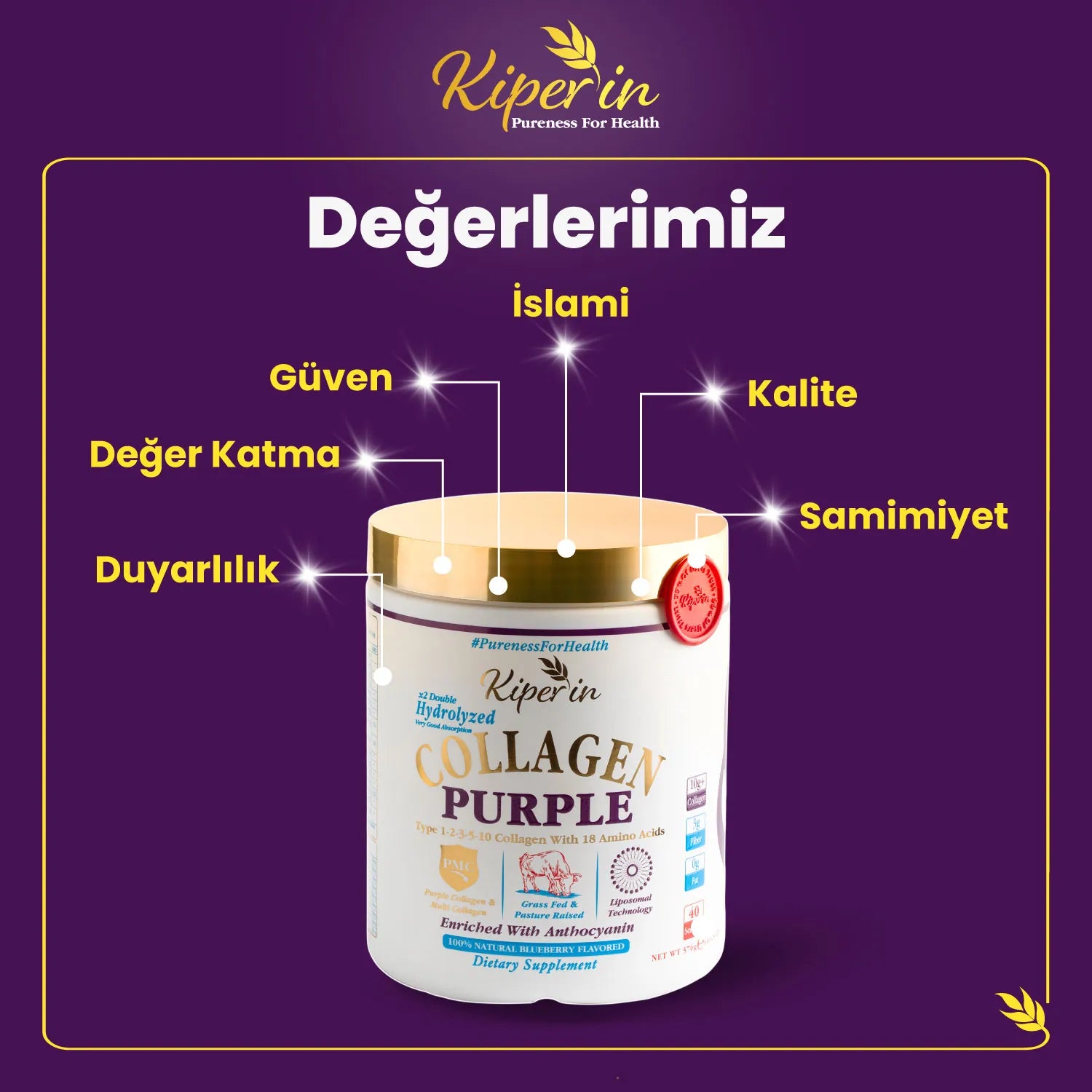 Kiperin Purple Collagen (576gr) Liposomal Technology Food Supplement Containing 100% Pure and Natural Purple &amp; Multiple Collagen Peptides