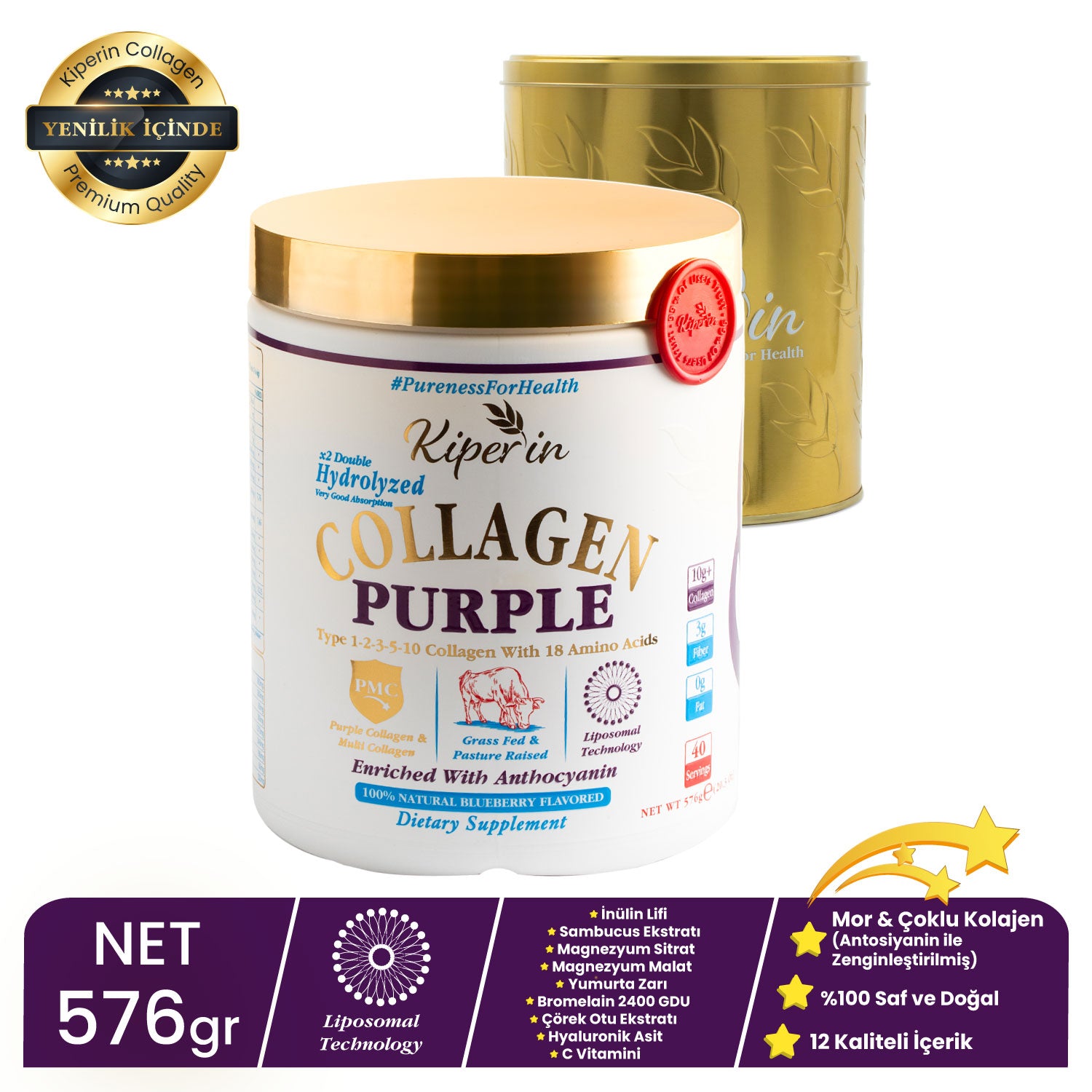 Kiperin Purple Collagen (576gr) Liposomal Technology Food Supplement Containing 100% Pure and Natural Purple &amp; Multiple Collagen Peptides