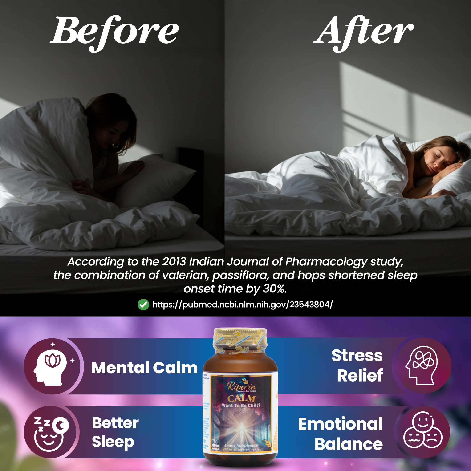 Kiperin Calm ''Relax'' Passiflora, Saffron, 5-HTP, Valerian, ... 9 Content (30 Days) | Smart Food Supplement