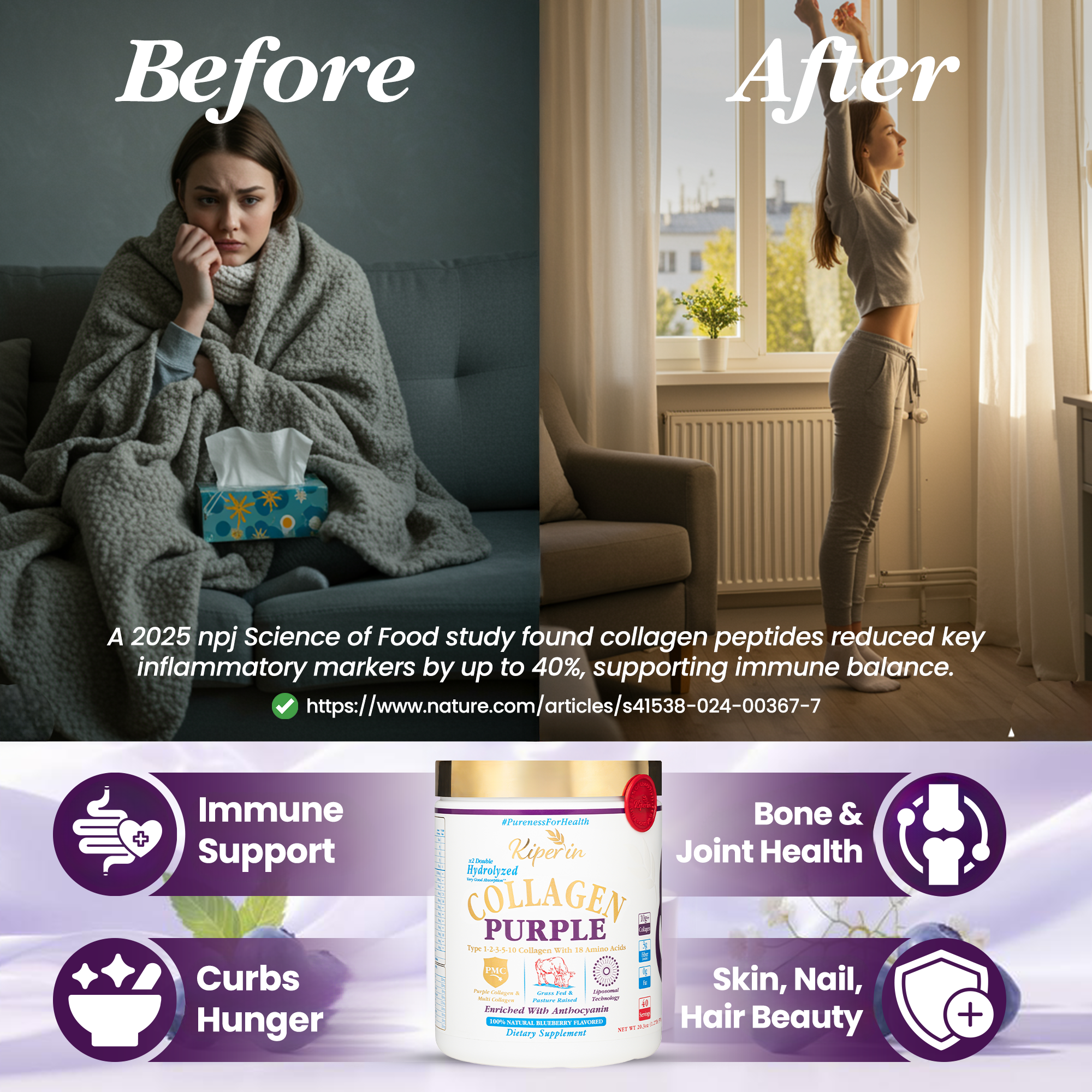 Kiperin Purple Collagen (576gr) Liposomal Technology Food Supplement Containing 100% Pure and Natural Purple &amp; Multiple Collagen Peptides