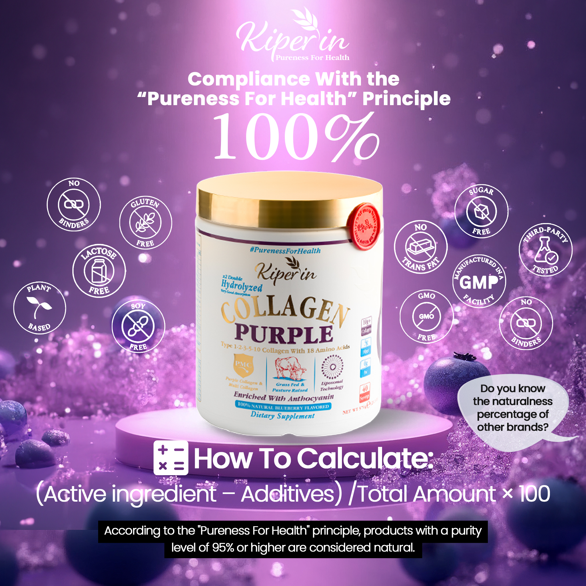 Kiperin Purple Collagen (576gr) Liposomal Technology Food Supplement Containing 100% Pure and Natural Purple &amp; Multiple Collagen Peptides