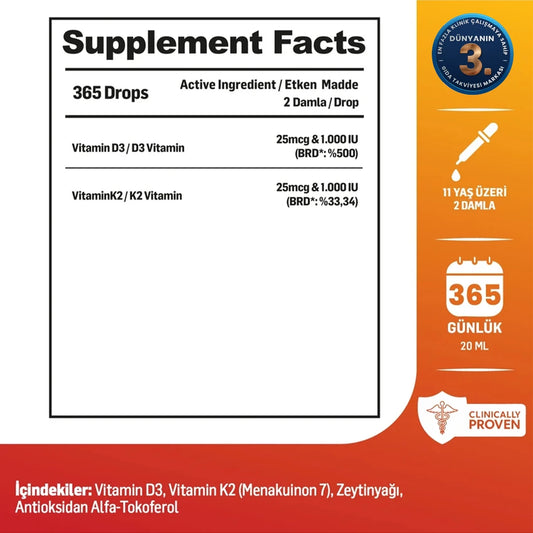 Kiperin D3K2 – Vitamin D3 1000 IU & Vitamin K2 25 mcg – 365 Drops