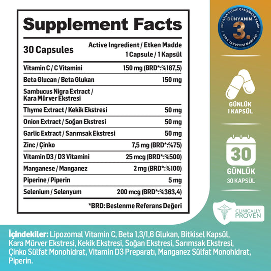 Kiperin Max Formula – Vitamin C, Beta-Glucan, Elderberry, Garlic, D3 & Zinc – 30 Capsules