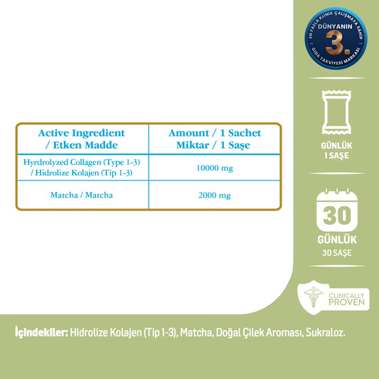 Double-Hydrolyzed Collagen Peptides (10 g) & Matcha (2 g), Strawberry Flavor – 30 Sachets