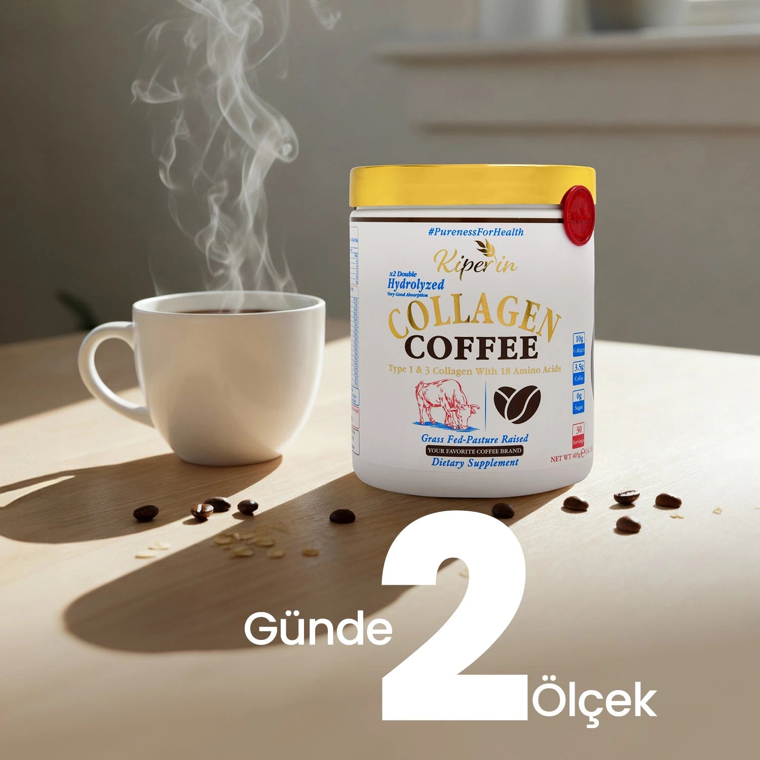Kiperin Coffee Collagen – Coffee-Flavored Double-Hydrolyzed Pure Collagen Peptides – 30-Day Supply