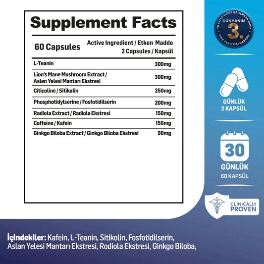 Kiperin Mind Focus – Lion’s Mane, Citicoline, Rhodiola & L-Theanine – 1,440 mg