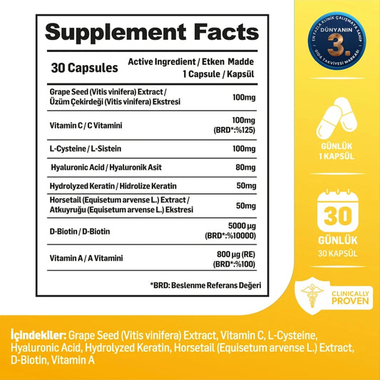 Kiperin Goldra – Biotin, Keratin, Grape Seed & Hyaluronic Acid – 30 Capsules
