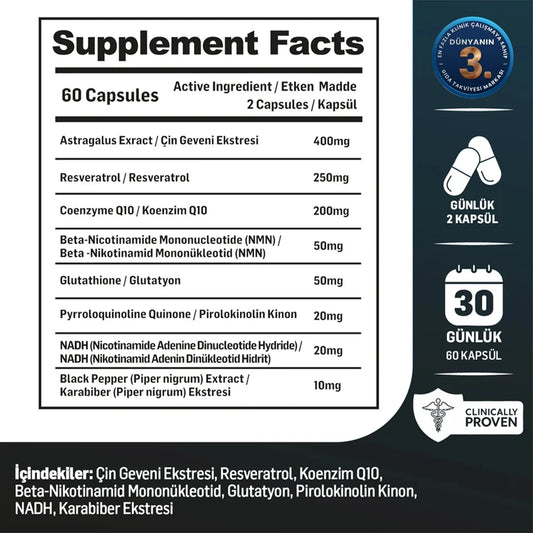Kiperin Elixea – Resveratrol, Glutathione, Coenzyme Q10, NMN, NADH & PQQ – 60 Capsules